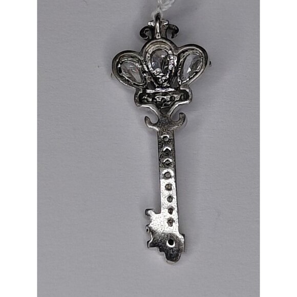 Sterling Silver 925 Key Pendant With Heart & Crown Design Rhinestones 1.25" - Picture 2 of 7
